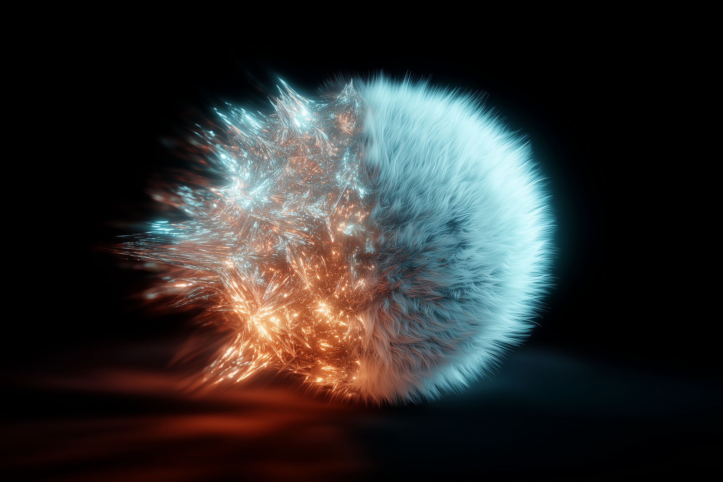 Eine kugelförmige Struktur auf schwarzem Hintergrund, deren linke Hälfte aus leuchtenden, kristallartigen Spitzen in Blau und Orange besteht, während die rechte Hälfte von weichem, flauschigem, hellblauem Fell bedeckt ist. Die beiden Oberflächen kontrastieren deutlich miteinander.