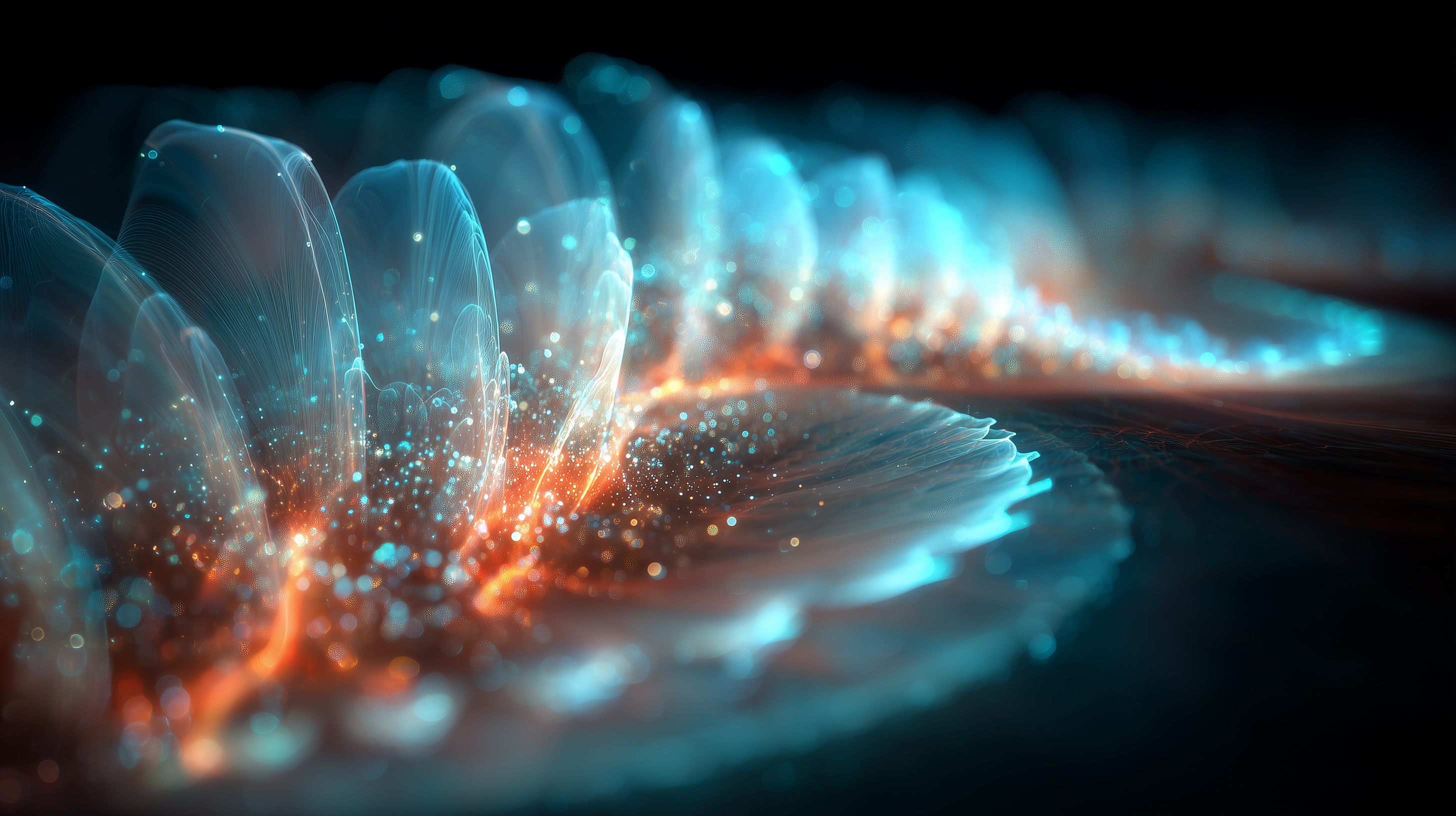 Das Bild zeigt eine Reihe abstrakter, halbtransparenter Wellen oder Lamellen, die in Blau und Orange leuchten. Kleine Lichtpunkte und glitzernde Effekte verstärken den dynamischen und futuristischen Eindruck vor dunklem Hintergrund.