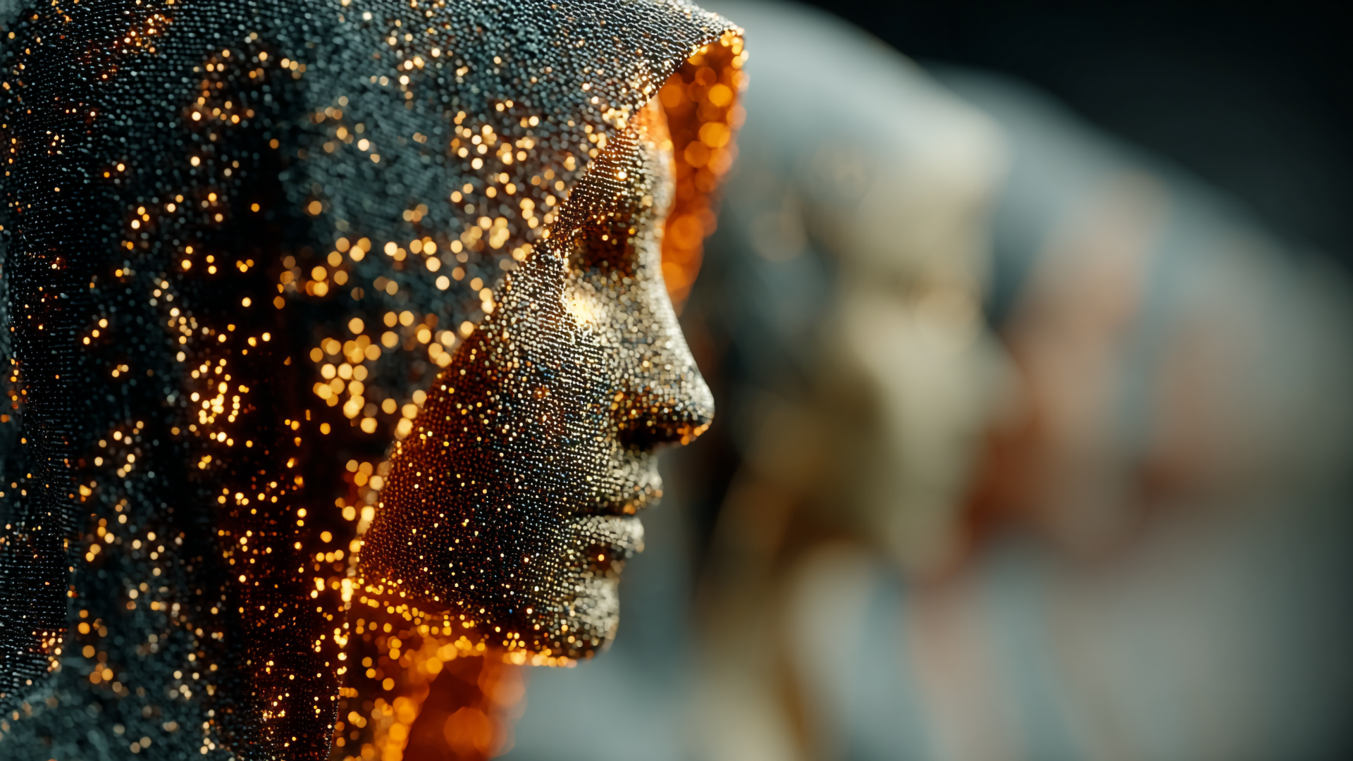 Nahaufnahme einer stilisierten menschlichen Kopfform, die wie eine Figur in einer Kapuze dargestellt ist und aus vielen leuchtenden, goldenen Punkten besteht. Die Figur wirkt abstrakt und futuristisch und soll den Umgang mit Künstlicher Intelligenz und sensiblen Daten illustrieren.