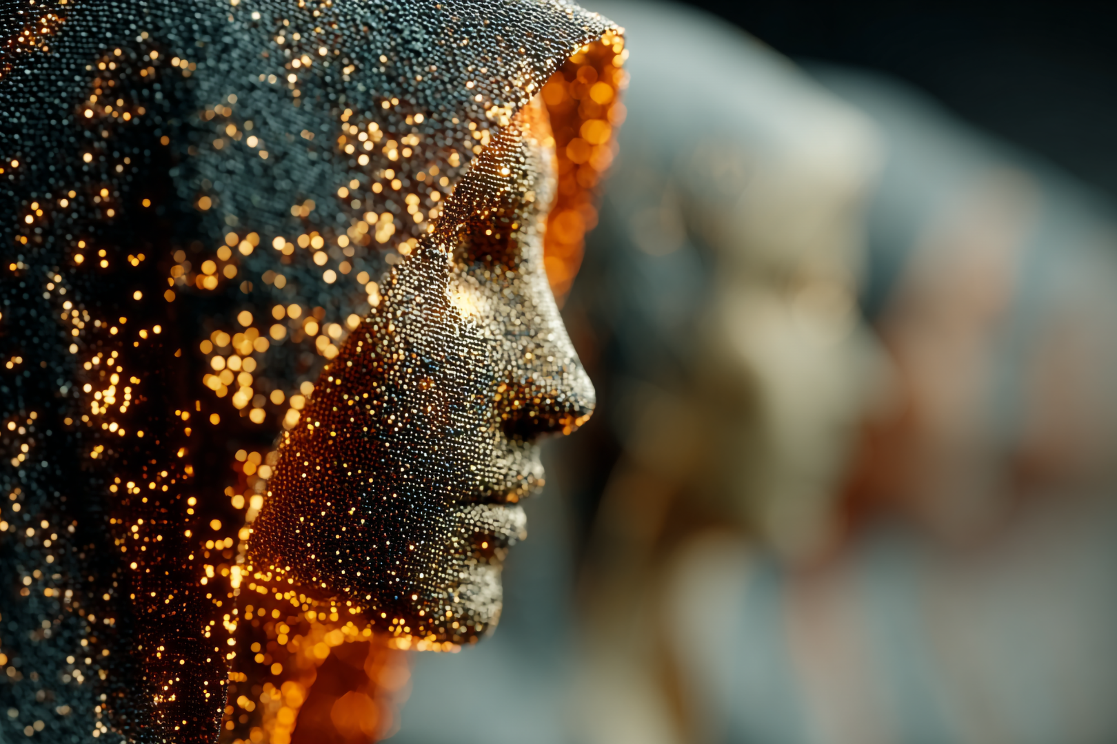 Nahaufnahme einer stilisierten menschlichen Kopfform, die wie eine Figur in einer Kapuze dargestellt ist und aus vielen leuchtenden, goldenen Punkten besteht. Die Figur wirkt abstrakt und futuristisch und soll den Umgang mit Künstlicher Intelligenz und sensiblen Daten illustrieren.
